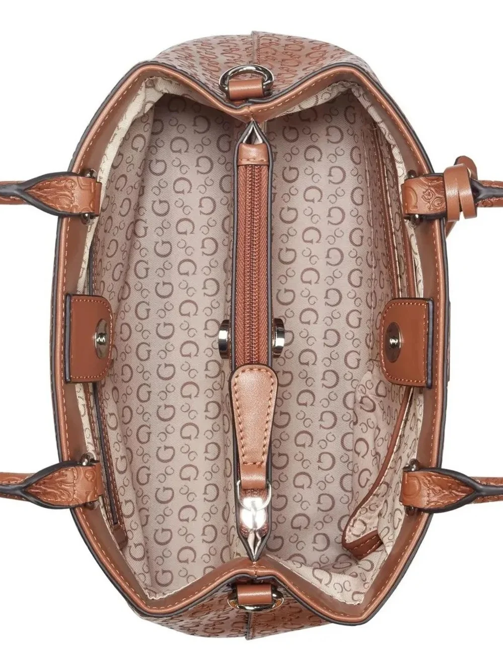 GUESS Brown Embossed Logo Satchel with Detachable Strap